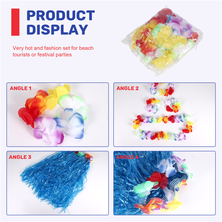 6%20Set%20Hawaiian%20Grass%20Skirt%20Flower%20Hula%20Lei%20Wristband%20Garland%20Fancy%20Dress%20Costume%20-%20Image%207