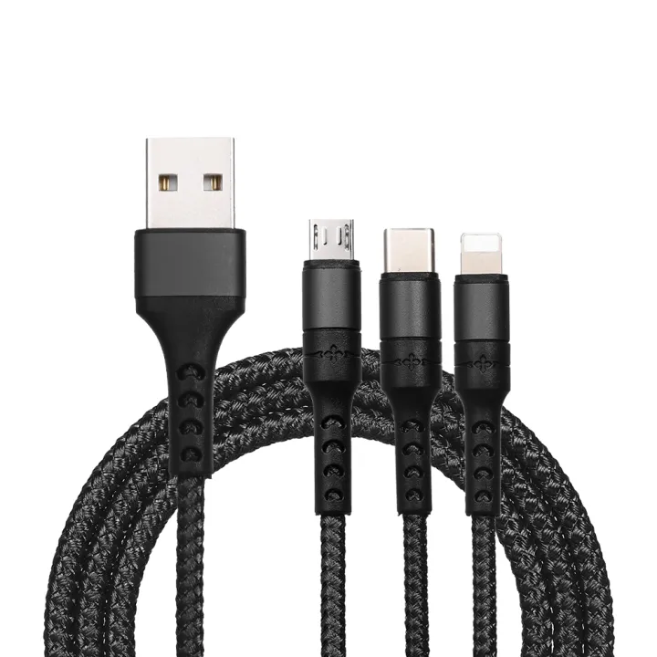HXSJ%203%20In%201%20Charging%20Cable%20With%20Micro%20Usb/Type-C%20Replacement%20For%20Iphone%20Xiaomi%20Huawei%20Samsung%20Nylon%20Braided%201.2M(Blue)%20-%20Image%202