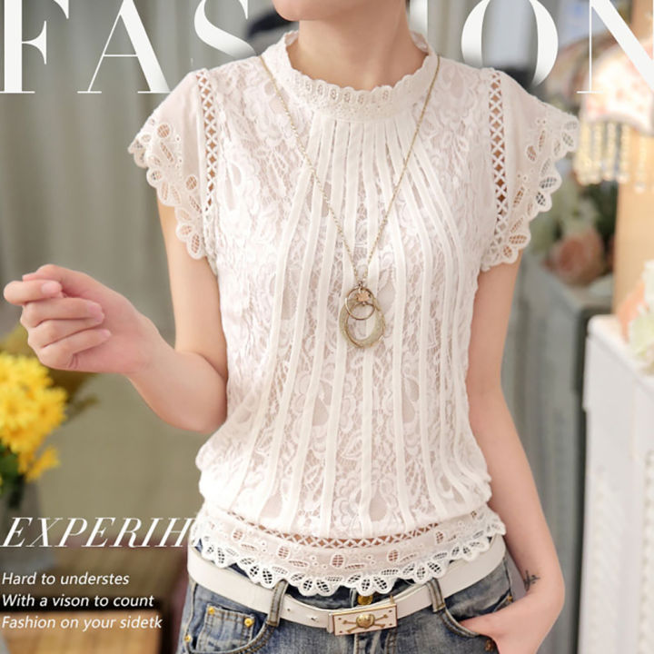Yfashion%20Fashion%20Lace%20Shirt%20For%20Women%20Cotton%20Short%20Sleeves%20Round%20Neck%20Pullover%20Tops%20Sweet%20Solid%20Color%20Slim%20Fit%20Blouse%20-%20Image%205