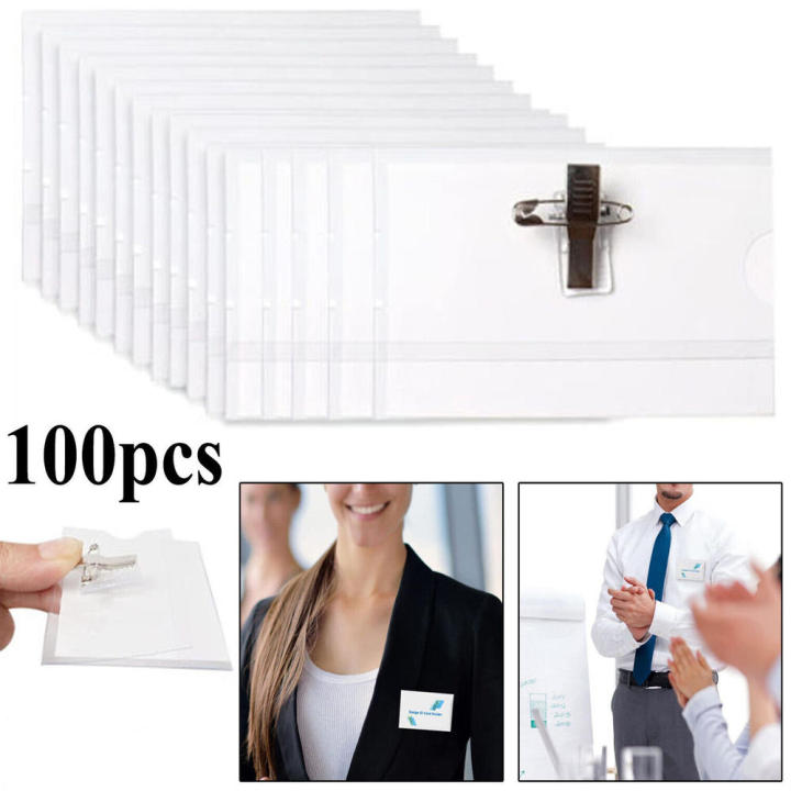 100X Clear Plastic Pouch Blank Name ID Tag Holder Badge Holders Clip Safety Pin