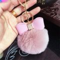 【HOT】 Creative Faux Fur Pom Pom Keychain Women Girls Bag Pendant Rhinestone Pu Leather Bow Keyring For Wallet Accessory. 