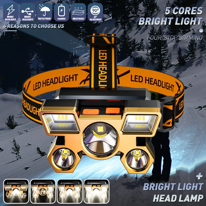 Original 5 LED Headlight Built-In 18650/800 MAh & 14500/400 MAh Battery Powerful Headlamp 4 Modes Rechargeable USB Portable Outdoor Camping Headlight Torch Light Camping Torch Light Lamp With USB Lantern Lampe For Camping Running Fishing Cycling