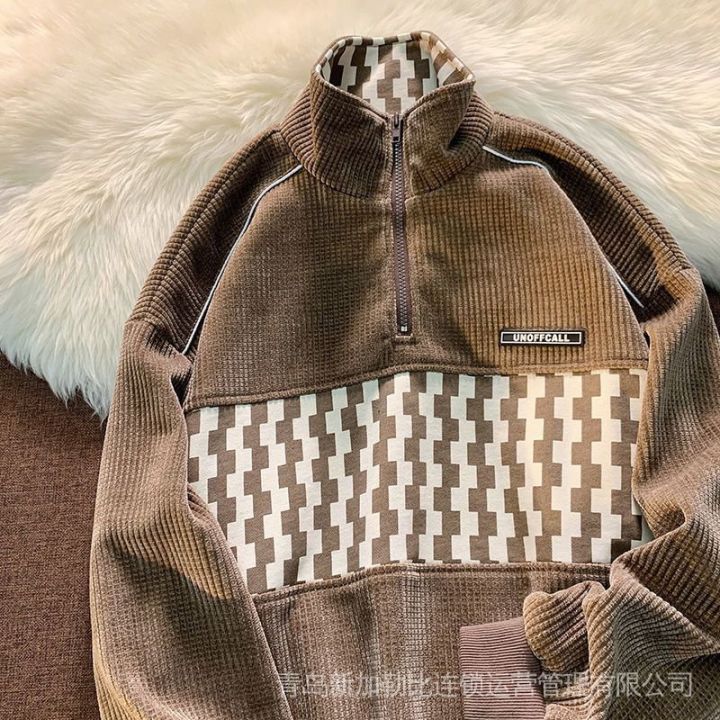 Waffle Autumn and Winter Fashion Brand Hong Kong Style Coat Sweatshirt Male Fashion Lapel Half Loose Zip Couple polo Casual Shirt