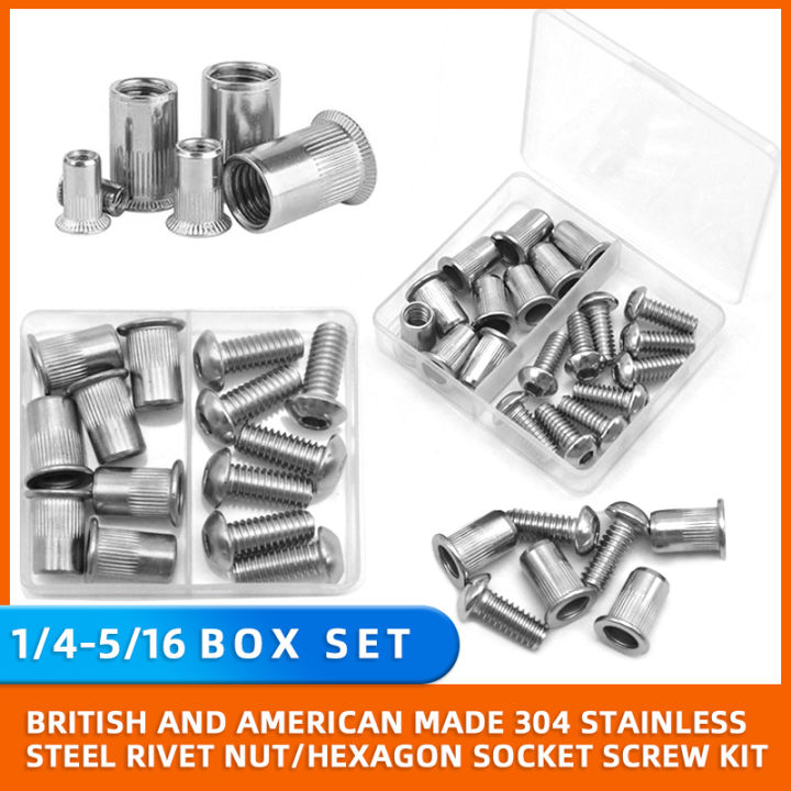 304 Stainless Steel Pop Rivet Nuts Kit, Flat Rivnuts with Bolts & Screws - Assortment Kit 8-32, 10-24, 1/4-20, 5/16-18
