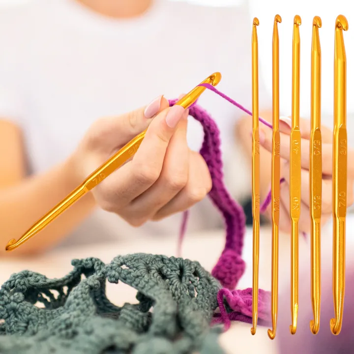 5pcs Weave Craft Sweater Knitting Metal Handle Craft Needles Golden Alumina Double End Crochet Hook Knitting Needle Set