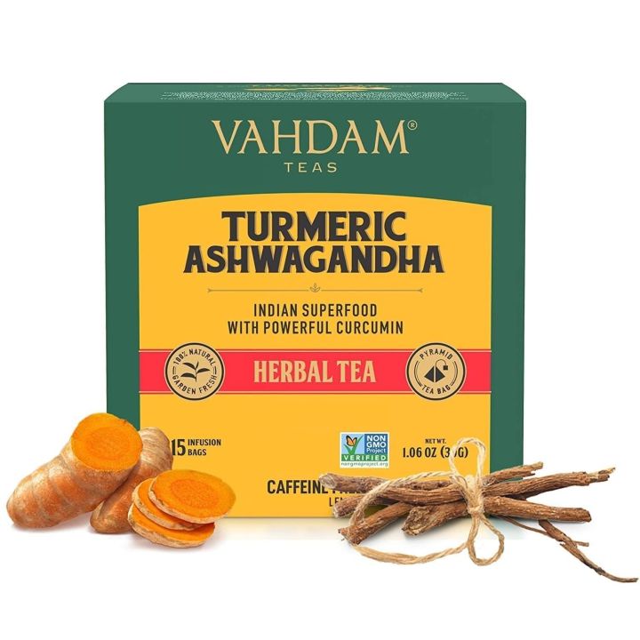 VAHDAM, Turmeric Ashwagandha Herbal Tea Bags (15 Count) Caffeine Free, Non-GMO, Gluten-Free | 100% Pure Herbal Blend - Sweet & Earthy | Individually Wrapped Pyramid Tea Bags | Direct from Source (FROM INDIA) SAB