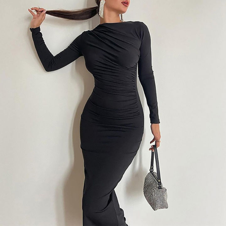 Women's Dresses Solid Ruched Split Thigh Bodycon Dress - Elegant Long Sleeve Stand Collar Slim Fit Dress Dress For Women Queena | Daraz.lk Women's Dresses Solid Ruched Split Thigh Bodycon Dress - Elegant Long Sleeve Stand Collar Slim Fit Dress Dress For Women Queena | Daraz.lk