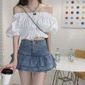 Hot Girl Ruffled Denim Skirt Women's Summer New Korean Style Breasted High Waist Slimming Anti-Emptied Miniskirt. 