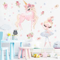 Cartoon pink princess castle unicorn flower wall sticker ballet dancing girl child girl room decoration poster mural sticker. 