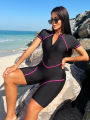 Women's new swimming Korean peach color full body swimsuit style black short-sleeved one-piece swimsuit shorts women's sports surfing suit. 