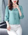 Yfashion Fashion Chiffon Tops For Women Cotton Summer Three-quarter Sleeves Doll Collar Shirt Elegant Solid Color Pullover Blouse. 