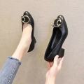 Real Soft Leather Soft Bottom Mom Shoes Chunky Heel Pumps Women's Comfortable Mid-Heel Low-Cut Work Shoes Spring and Autumn Small Leather Shoes Work Shoes. 