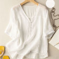 bellylady Women Cotton Linen Tops Retro Loose Solid Color Blouse Elegant V Neck Pullover Short Sleeves Shirt. 