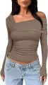 Yfashion Women's Casual Tops One Off Shoulder Long Sleeve Top Ruched Slim Fit Shirt Crop Top Fashion Trendy Tee Shirt. 