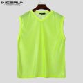 Solid color breathable summer mesh vest men's INCERUN transparent V-neck sleeveless vest beachwear. 