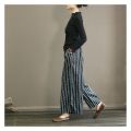 Yfashion Women Cotton Trendy Striped Wide Leg Pants Cotton Linen Loose Large Size Casual Trousers Straight Breathable Pants. 