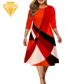 Women Dress Stylish Geometric Print Party Midi Dress Plus Size Loose-fitting Round Neck Women's Fashion A-line Dress. 