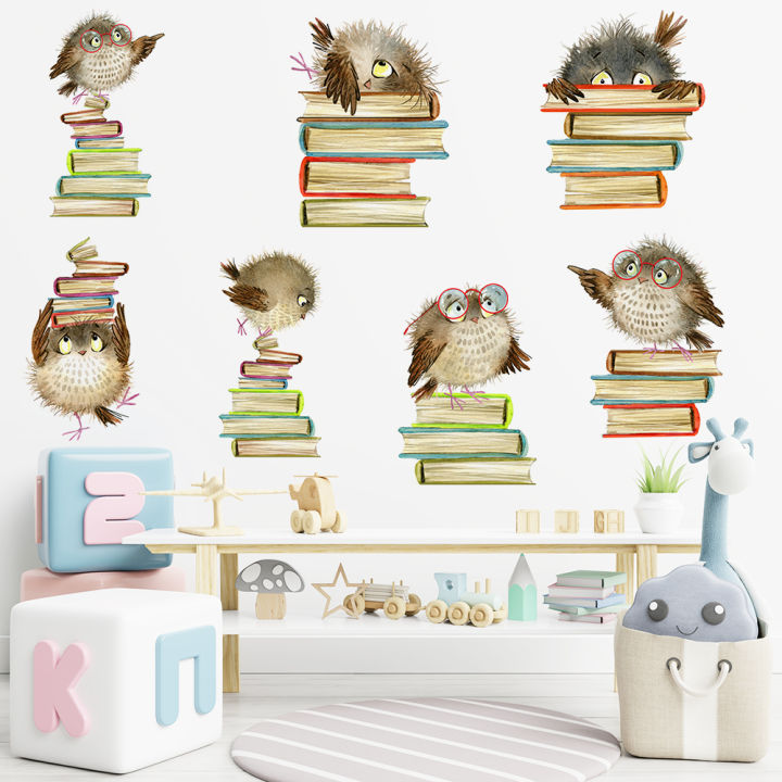 Cartoon Cute owl Books Wall Stickers for Bookcase Display Cabinet Decor ...