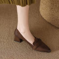 2023Spring New Real Soft Leather Loafers Pointed French Retro Mid Heel Chunky Heel Shoes Women's Low-Cut Fashion. 