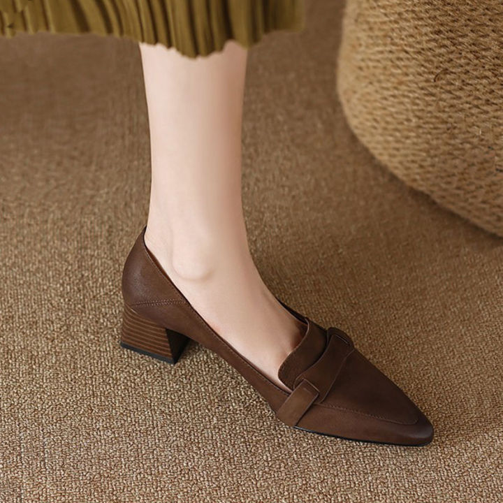 2023Spring New Real Soft Leather Loafers Pointed French Retro Mid Heel Chunky Heel Shoes Women's Low-Cut Fashion