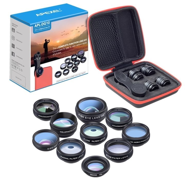 APEXEL 10 in 1 Mobile Phone Lens Kit Fisheye Wide Angle Telescope Macro Camera Lenses For iPhone Samsung Huawei all smartphones-No remote