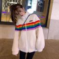 Plush Korean Version Female Lamb All-Match Fall Winter Hooded Thick Fake Two-Pieces Coats Loose 2024 Stitching New Cotton-Padded Jacket. 