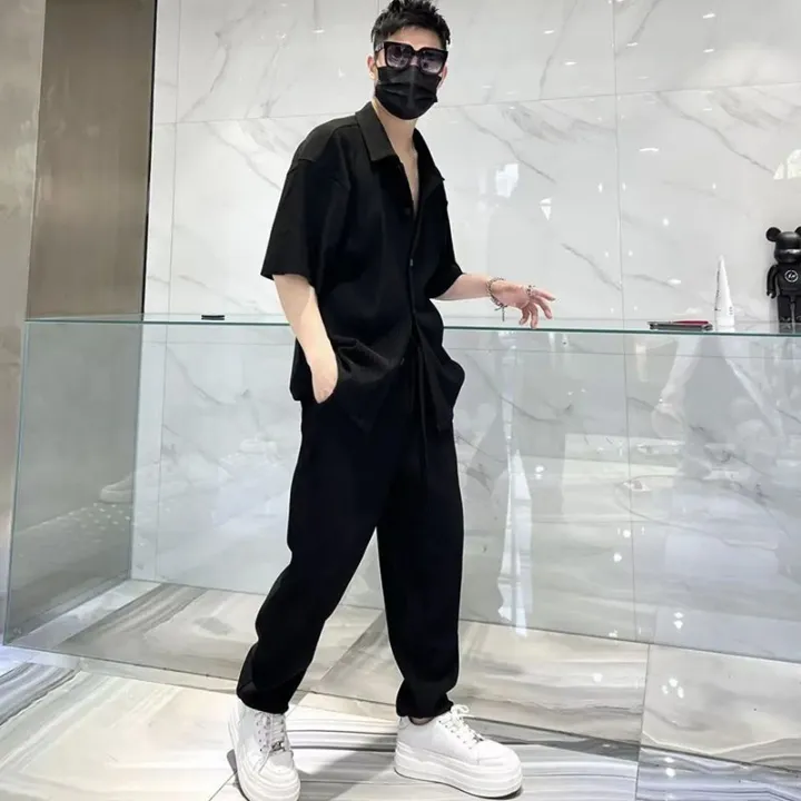 Men's%20Full%20Set%20One%20Entire%20Outfit%20ins%20Hong%20Kong%20Style%20Loose%20Short%20Sleeve%20Shirt%20Casual%20Trousers%20Summer%20Two-Piece%20Suit%20Tide%20-%20Image%203