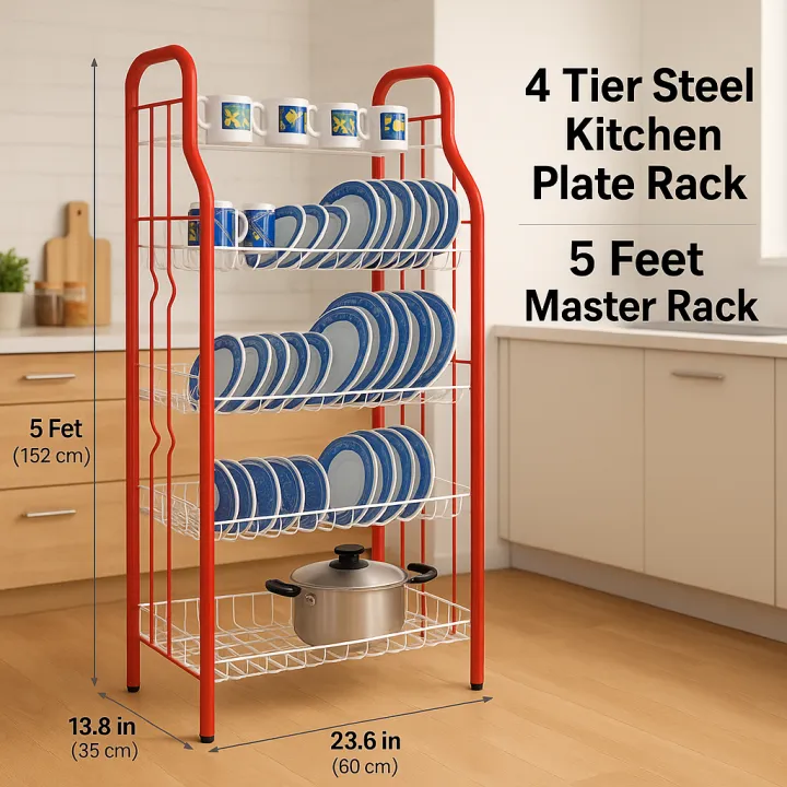 4-Tier Steel Plate Rack for Kitchen – 5ft Master Organizer | Daraz.lk