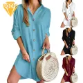 Women Shirt Dress Chic Long Sleeve Mini Dress for Office Daily Wear Loose Fit Solid Color Shirt Dress with Irregular Hemline Women Long Sleeve Shirt Dress. 