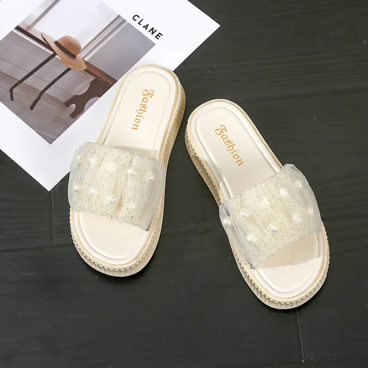Fairy%20Style%20Sandals%20Women's%20Summer%20Lazy%20Sandals%20Korean%20Style%20Slippers%20Women's%20One-Word%20Net%20Red%20Pearl%20Platform%20Beach%20Shoes%20-%20Image%205