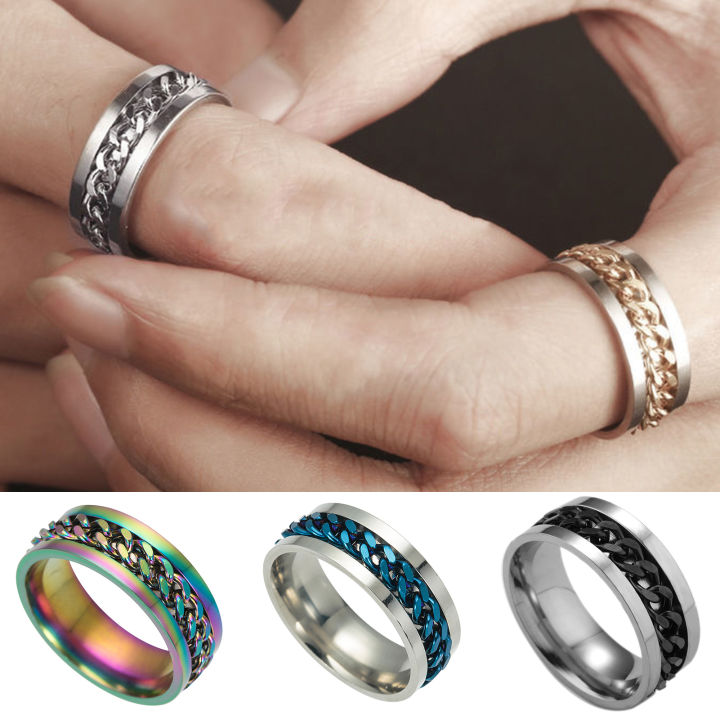 Sunny Exquisite Men Colorful Chain Punk Stainless Steel Spinner Wedding Band Ring