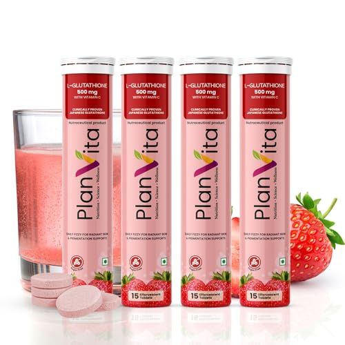 PlanVita -60 Effervescent Tablets Japanese Glutathione & Vit. C  Antioxidants for clear, glowing skin Sugar-free, Strawberry flavour (Pack  of 4) (FROM INDIA)SAB | Daraz.lk