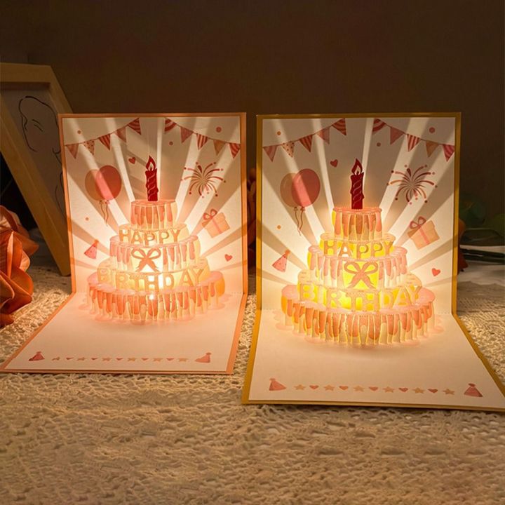 Birthday Surprise Musical and Light Musical Birthday Greeting Cards Led Creative Birthday Cake Postcards Hollow Paper Carving with Envelope Luxurious Foil Stamping Cards Birthday Gift