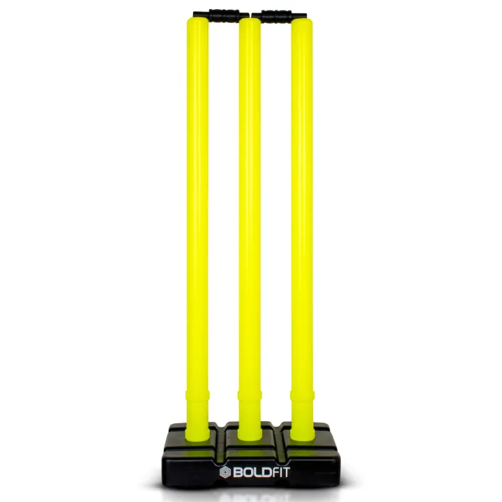 Boldfit Cricket Stumps with Stand Cricket Kit Plastic Wickets for Cricket Standard Wickets for Cricket Ground, Match, Tournament Stump with Stand & Bails- Fluorescent Green -Plastic Wickets Set NUZ