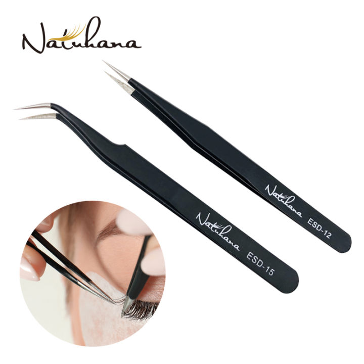 NATUHANA Eyelash Extension Tweezers Anti-static ESD Stainless Steel Curved Straight Eyebrow Tweezers Makeup Tools for Lashes