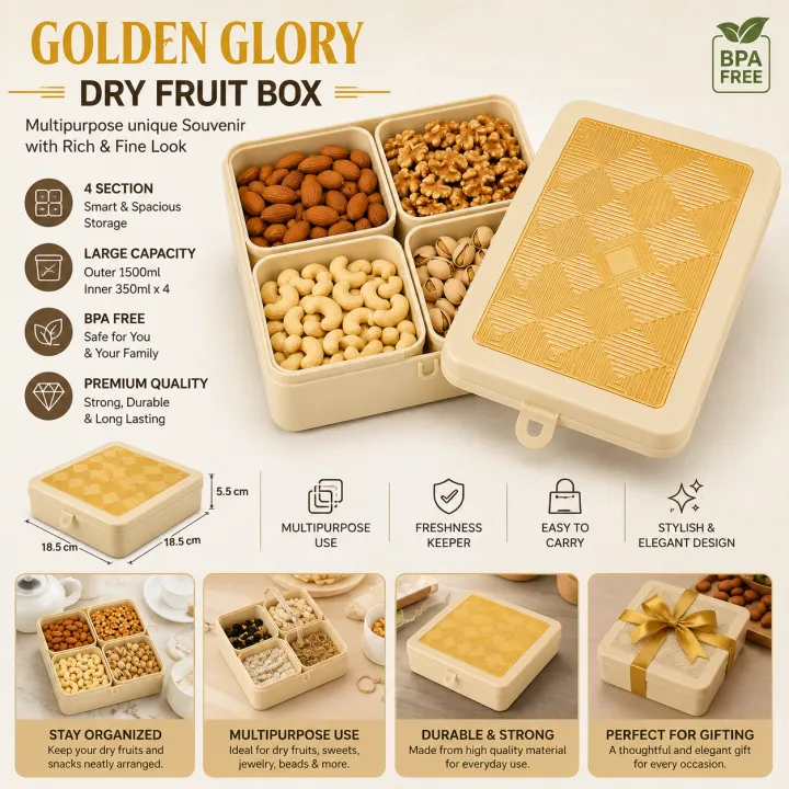 Golden Glory Multipurpose Dry Fruit Box – 4 Section Snack & Nuts ...