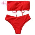 Muses Mall Bathing Suit Solid Color Bandeau Swimming Trunks Split Bikini Set. 