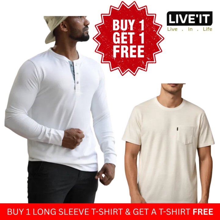 Buy Liveit White Long Sleeve Henley T-Shirt & Get a Mens Pocket T-Shirt Free