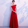 2024 New Bridal Toast Clothing Summer Noble Elegant Slant Shoulder Red, Long Slim Fit Wedding Dress Women. 