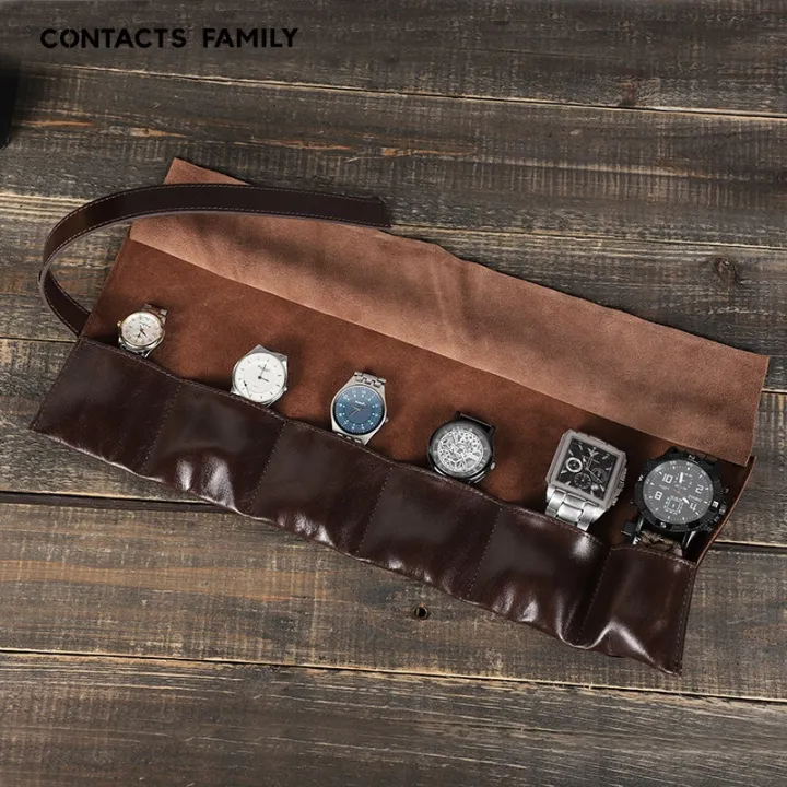 【Miga Plaza】Leather Watch Box Organizer for Men Travel Storage Bag Luxury Retro Oil Wax Skin Roll Up Package Case for Watch Portable Display