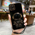 For Honor X6 4G / Honor X6A / Honor X5 Back Cover with Lanyard + Cartoon Astronaut Folding Stand Luxury 6D Plating Square Frame Phone Case Shiny Soft Silicone Protective Cases Pouch Girls. 