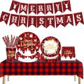 Christmas Disposable Paper Tableware Red Black Plaid Plate Cup Napkin Banner Straw Merry Christmas Decoration 2023 Party Supplie. 