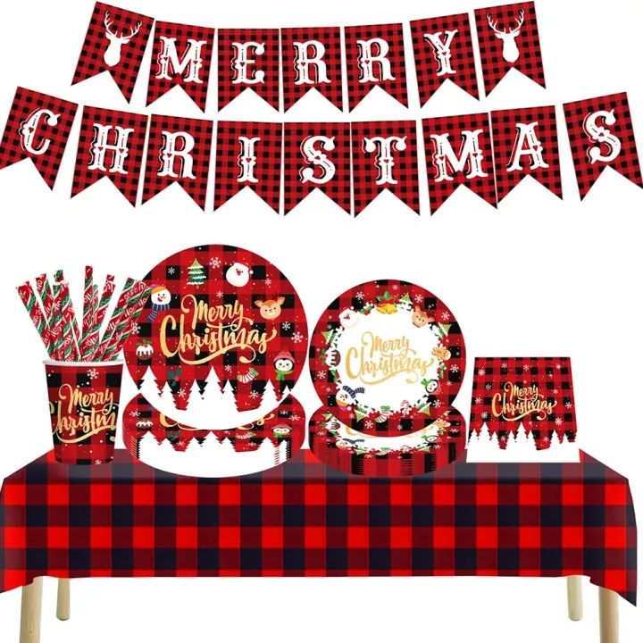 Christmas%20Disposable%20Paper%20Tableware%20Red%20Black%20Plaid%20Plate%20Cup%20Napkin%20Banner%20Straw%20Merry%20Christmas%20Decoration%202023%20Party%20Supplie%20-%20Image%206