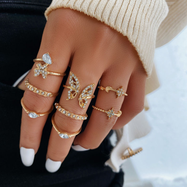 8pcs Fashion Women's Rings Crystal Diamond Women's Rings Butterfly Shape Ladies Vintage Gold Ring 5598301##