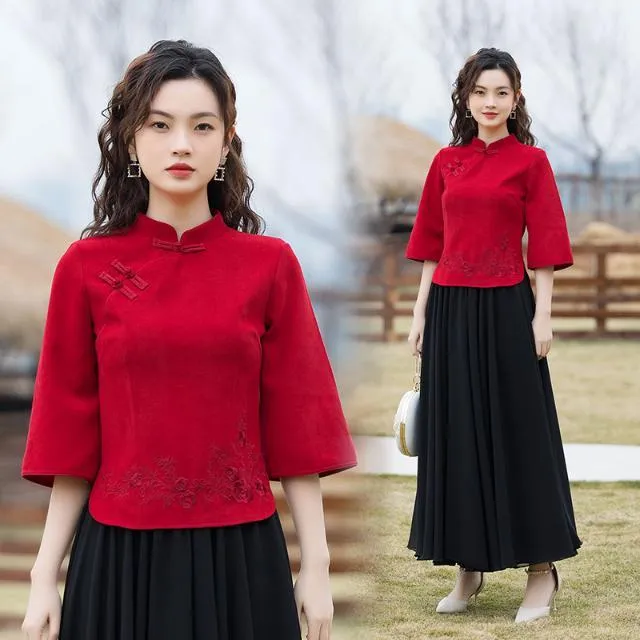 Spring%20and%20Summer%20Style%20Retro%20Hanfu%20Improved%20Cheongsam%20Chinese%20Button%20Knots%20Top%20New%20Republic%20of%20China%20Style%20Women's%20Clothes%20Tang%20Suit%20Outfit%20-%20Image%204
