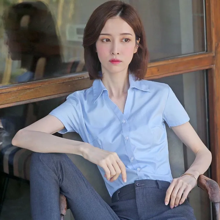 Short%20Sleeve%20Spring%20Autumn%20Blouse%20White%20and%20White%20Collar%20Long-Sleeve%20Working%20Clothes%20Business%20Shirt%20Blue%20Women's%20Summer%202024%20Slim-fitting%20suit%20-%20Image%204