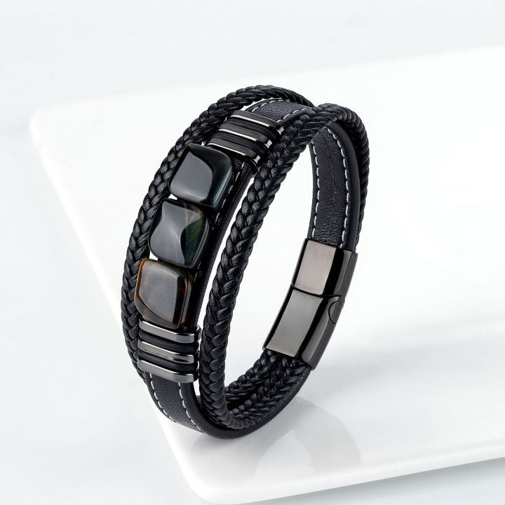 the GALLSTONE - New Vintage Style Rectangular Black Gallstone Multicolor Plated Stainless Steel 3-Layer Leather Rope Mens Bracelet