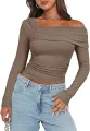 Yfashion Women's Casual Tops One Off Shoulder Long Sleeve Top Ruched Slim Fit Shirt Crop Top Fashion Trendy Tee Shirt. 