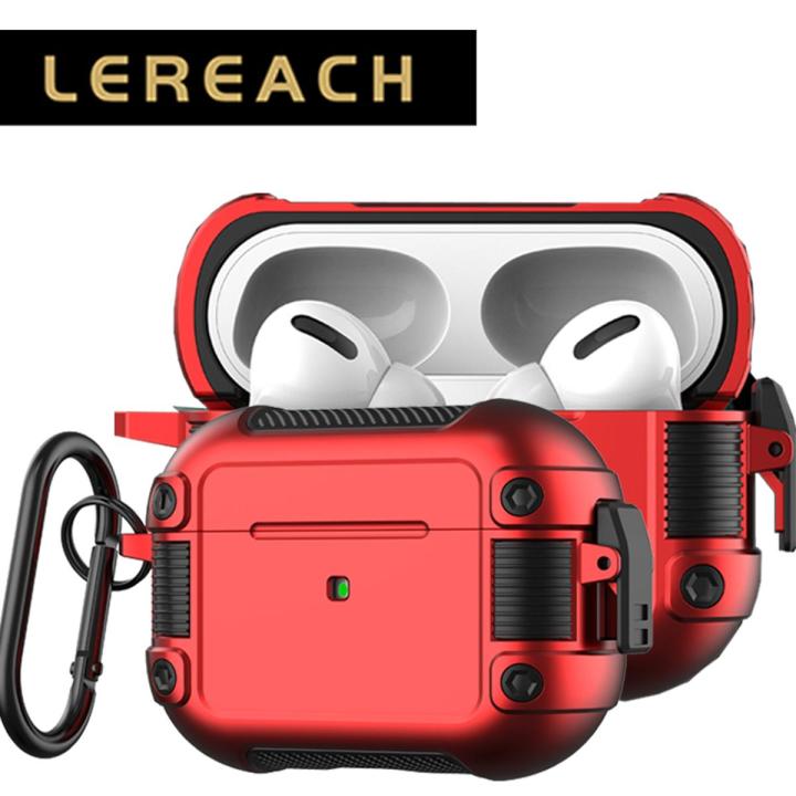Lereach for AirPods Pro Cover Case Ring buckle side bucklesquare grai carbon brazing Armor TPU+PC Cover Resistant Shockproof Full Body Protector Case
