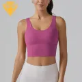 Solid Color Sports Bra Stylish Shockproof Yoga Vest Bra with Deep V Back Design Perfect for Running Fitness Buyers' Favorite Yoga Vest Bra with Fixed Breast Pads. 